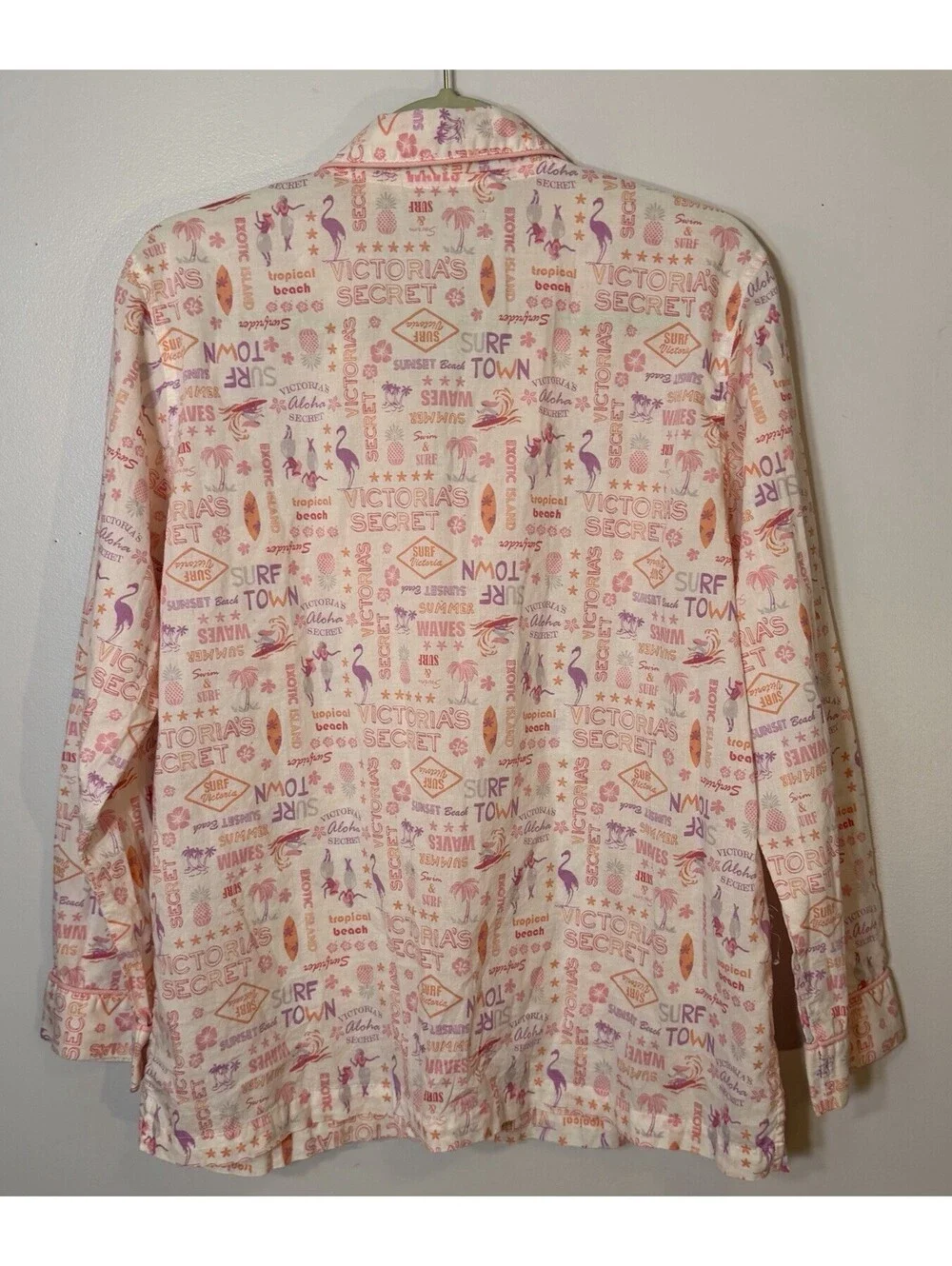 Victoria Secret Pajama Set Pink Flamingo Surf Beach Sleepwear Small Embroidered